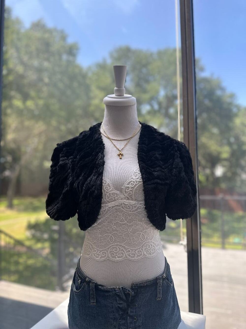 MARINA Black Faux Fur Bolero Shrug Cropped Jacket Womens L Formal Evening Wrap